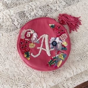 Anthropologie Leather Beaded Monogrammed Coin Pouch with Tassel